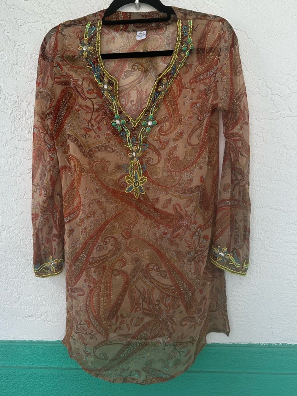 Raj 100% Silk Swimsuit Cover Up Beaded Small Paisley Floral Orange Blue Boho